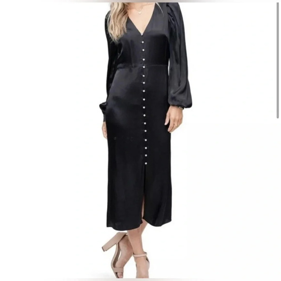 En Saison Lizette Satin V Neck Long Sleeve Button-Up Midi Rhinestone Dress Med - Picture 6 of 13